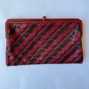 Rare Vintage Bottega Veneta Intrecciato Fold-Over Clutch Red Brown Leather